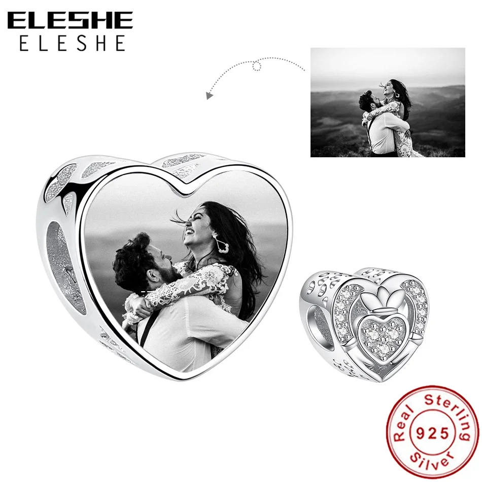 ELESHE Classic Heart Charm Personalized Custom Photo 925 Sterling Silver Zircon Bead Fit Original Bracelets DIY Women Jewelry