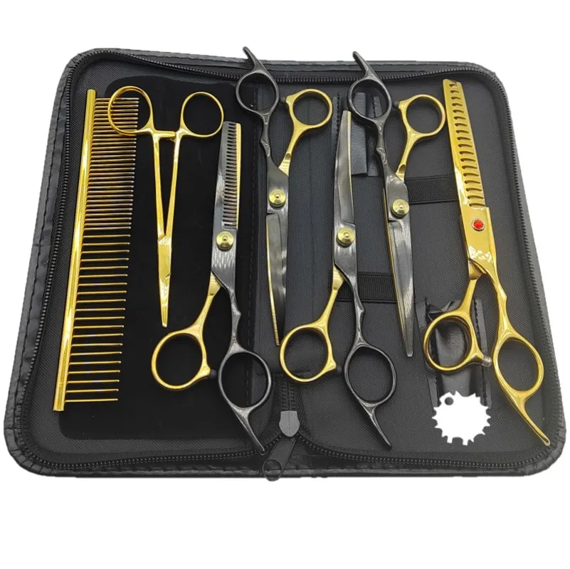 Black Gold 6 in 1 Pet Grooming Scissors Kit 6.7inch Cat and dog scissors Set with Curved scissors and shark scissors
