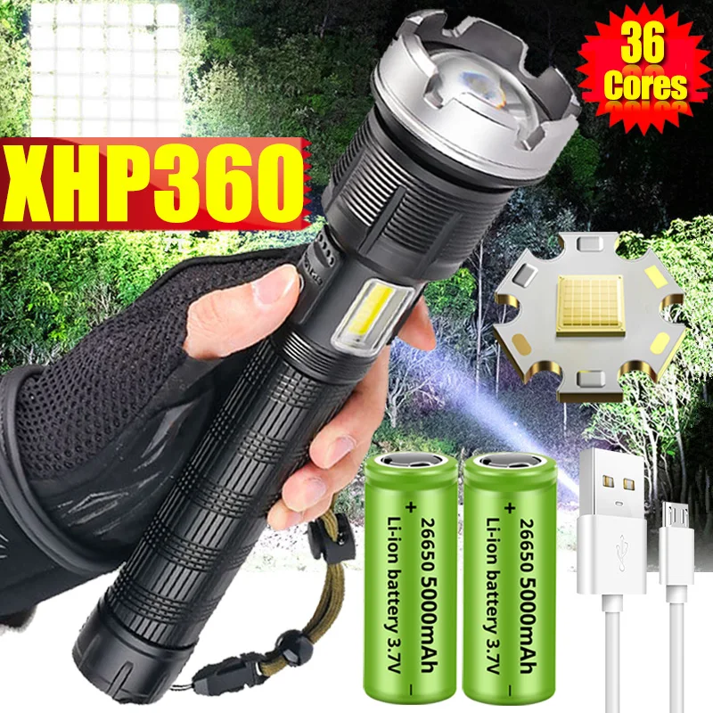 

Мощная светодиодная вспышка XHP360, 36 ядер, босветильник Cob светильник, 5000000LM, Usb Перезаряжаемый фонарь, водонепроницаемость IPX5, для кемпинга и р...