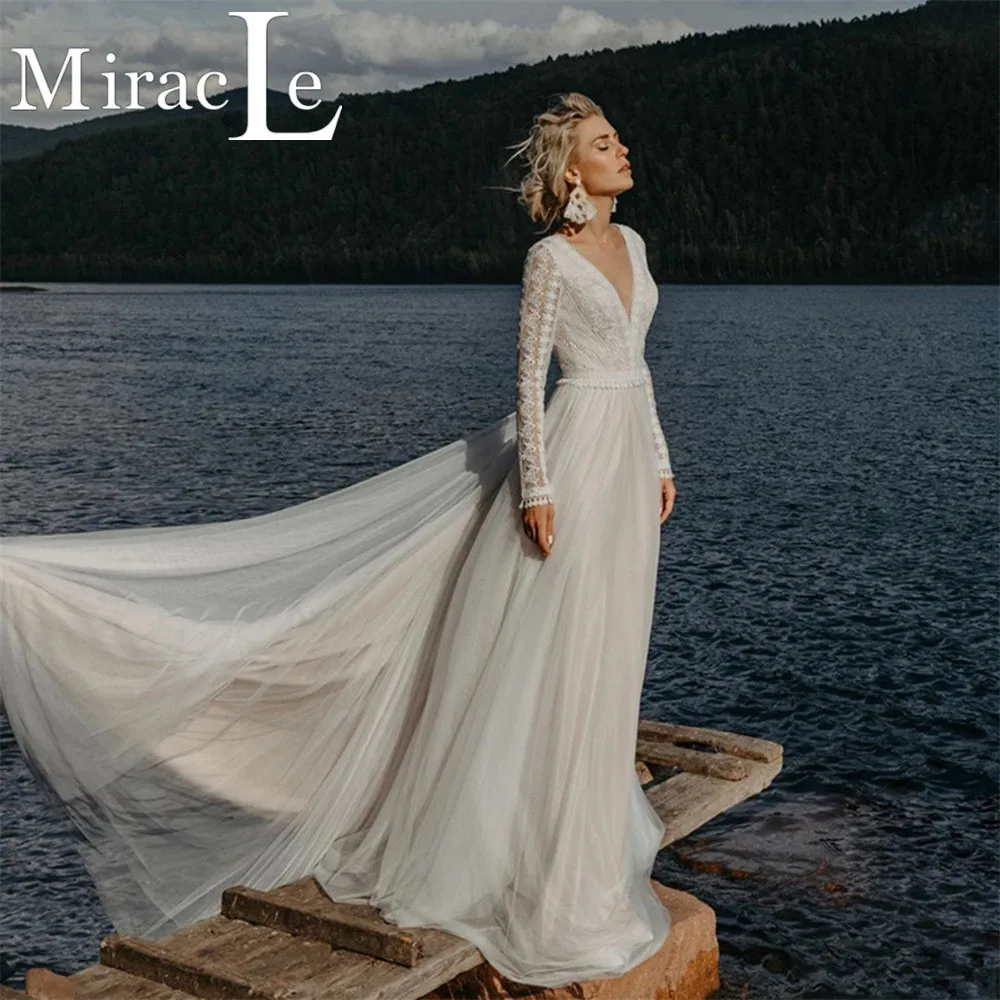 

Boho V Neck Wedding Dresses For Women Long Sleeve A Line Wedding Gown For Bride Lace Appliques Backless 2022 Robe De Mariée