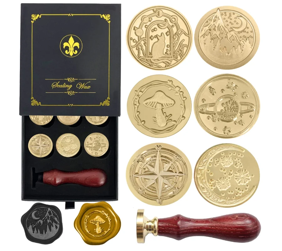 Восковая печать, печать в подарок, медные печати, 1 деревянная ручка, воск для конвертов для карт, Подарочная серия обширной вселенной Восковая печать, печать в подарок, медные печати, 1 деревянная ручка, воск для конвертов для карт, Подарочная серия обширной вселенной
