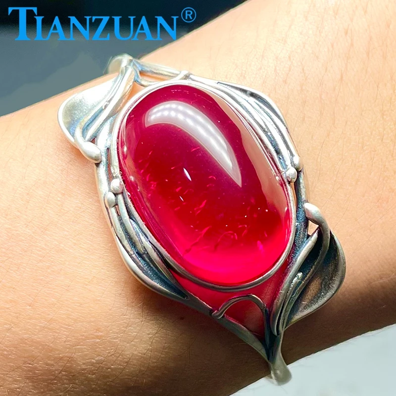 Red Simulation Ruby 20x30mm 63ct Adjustable 925 silver Fashion Bangle Jewelry Corundum Jewelry for Women Bracelets Gifts