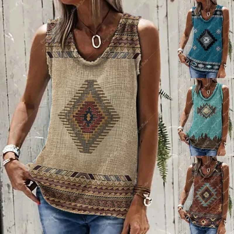 

Топы в ретро-стиле с этническим принтом, женская летняя футболка, одежда без рукавов, модная футболка, майка, жилет в западном стиле для женщ...