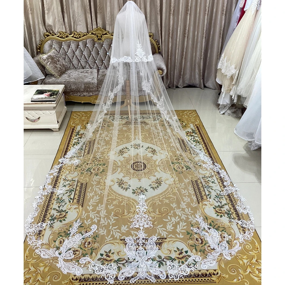 

Romatic Lace Wedding Veil Appliques Bridal Veils with Comb Charming Two Layers Cathedral Length Special Cut Veil Hair Accessory