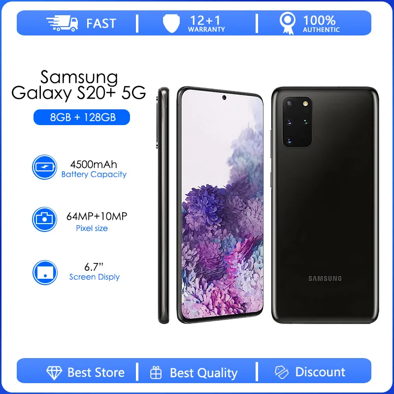 

Восстановленный Оригинальный телефон Samsung Galaxy S20 + 5G G986F, Android Phone, 6,7 дюйма, 8 ГБ ОЗУ, 128 Гб ПЗУ, камера 64 мп, GPS, Wi-Fi телефон