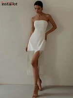 instahot summer strapless tassel dress womens white elegant bodycon sleeveless office lady party evening midi dresses sexy 2022