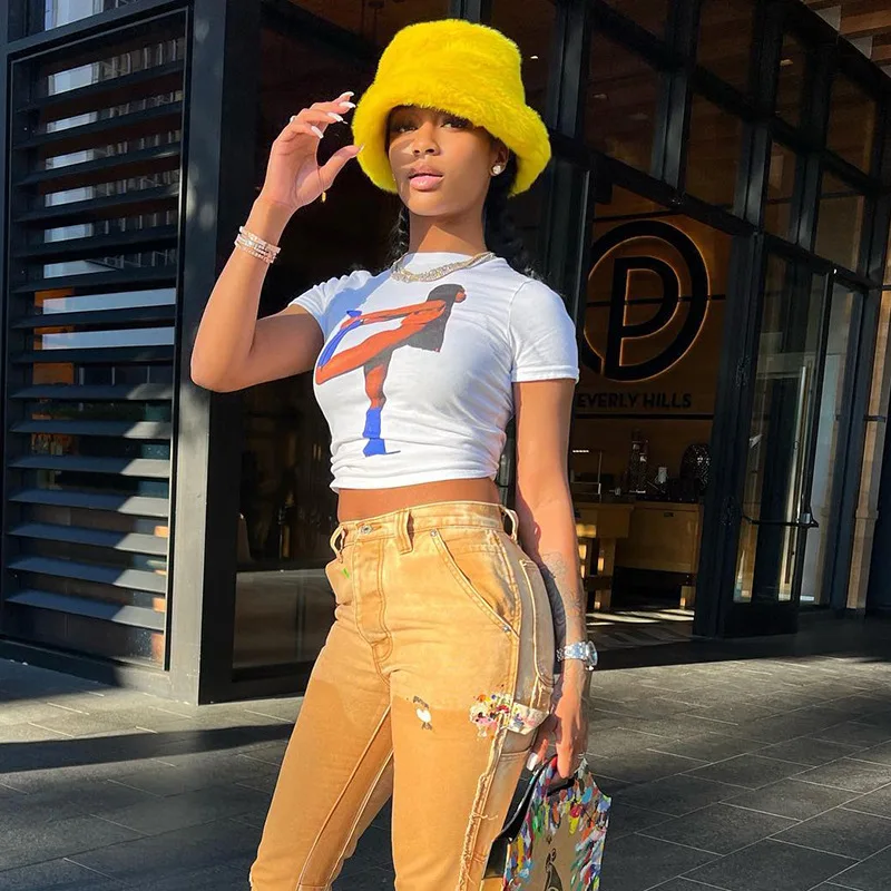 

High Quality 2022 Summer INS New Print Rround Neck Navel Short Sleeve Casual Women's Slim T-shirt