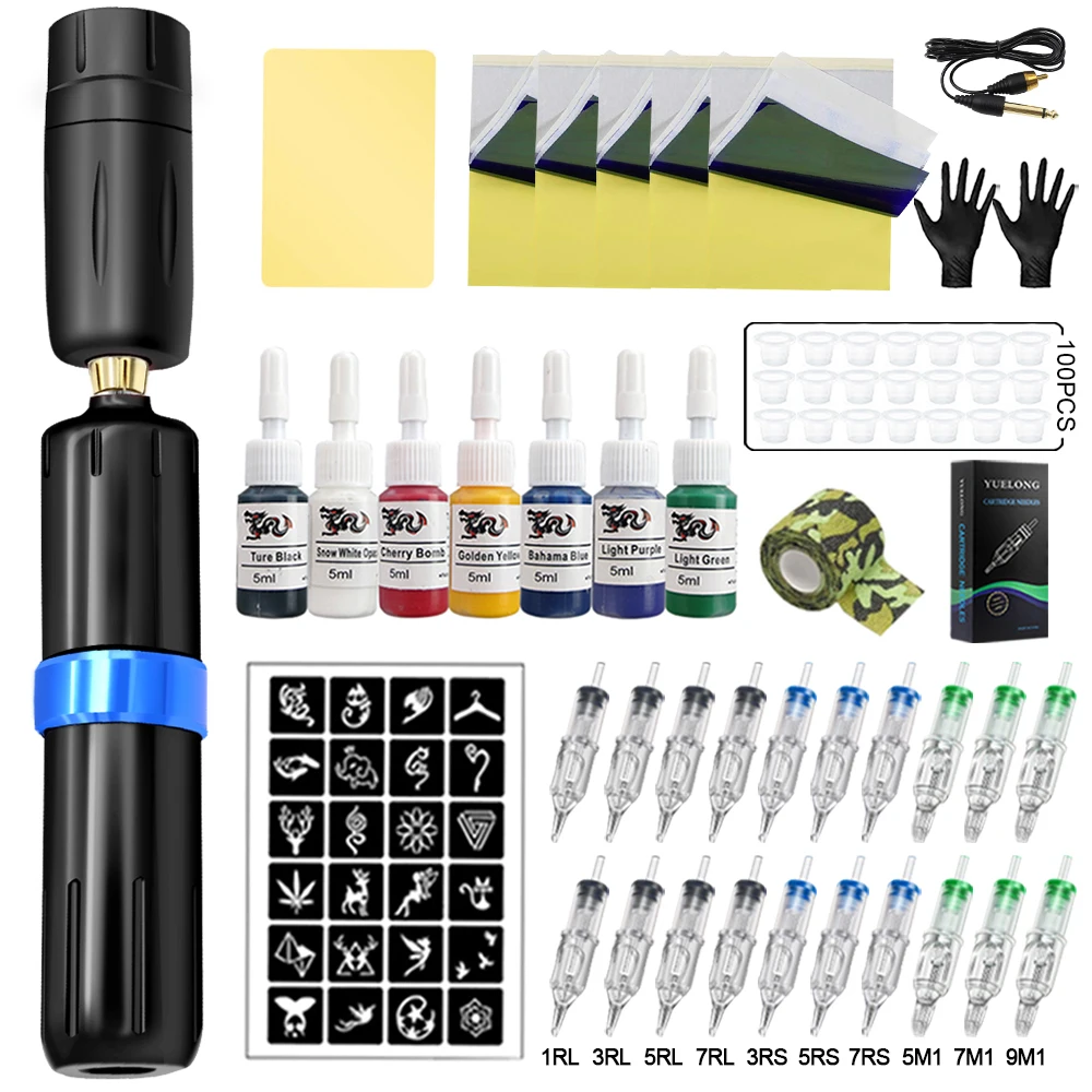 Wireless Tattoo Kit Complete Mini Rocket Machine Battery Cartridge Needles Power Supply Inks Rotary Tattoo Pen Set