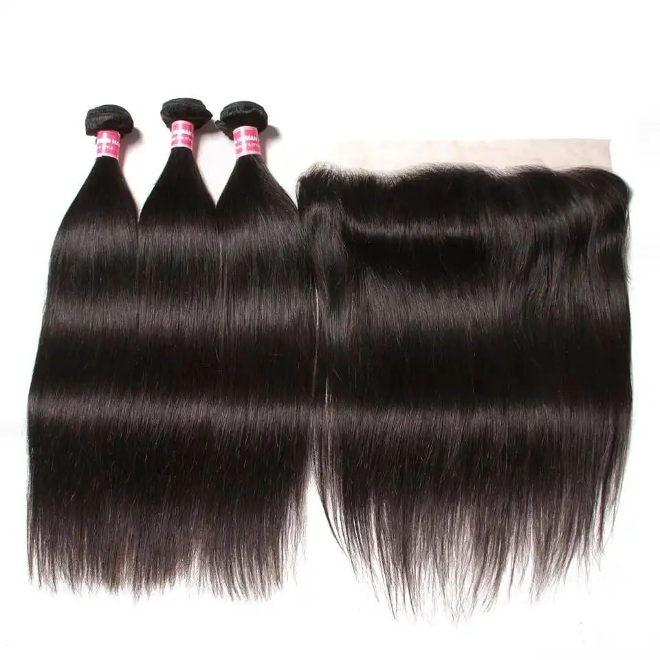 

Straight Human Hair Bundles with Frontal 13X4 Lace Frontal Brazilian Weaving Remy 100% Natural Human Hair 3/4+1 Bundles Frontal