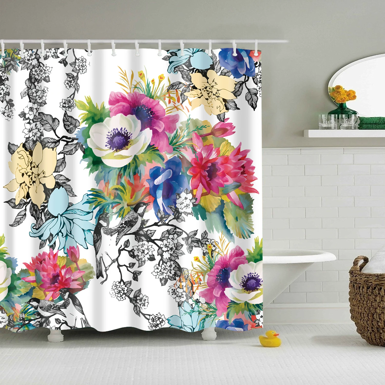 

Flower Shower Curtain Vivid Colorful Garden Print Blossoming Wildflowers Birds Leaves Branches Cloth Fabric Bathroom Decor Set