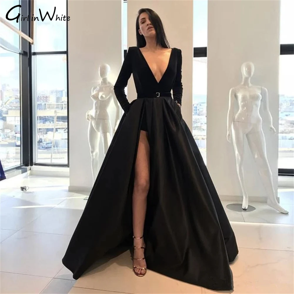 

Sexy Deep V Neck Long Evening Dress Slit Satin Long Sleeve Prom Dresses For Women Party Gown Vestidos De Gala Robes De Soirée