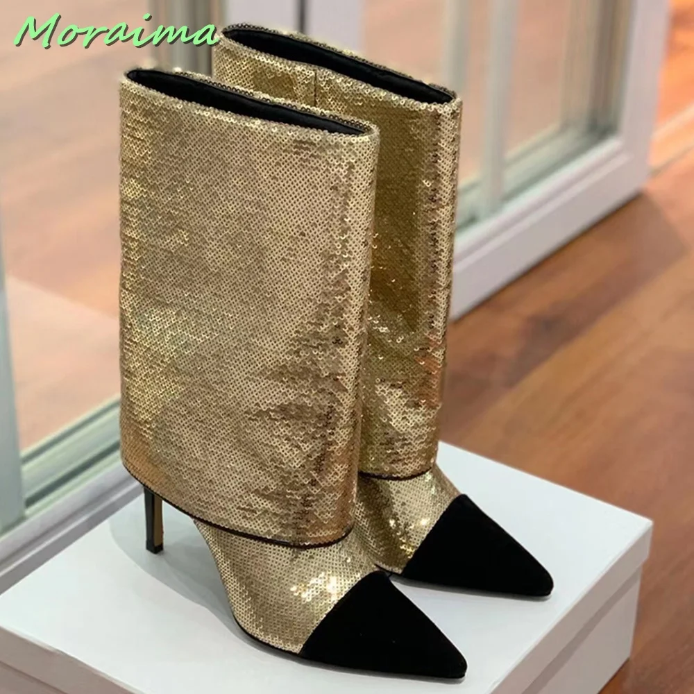 Sequins Pointed Toe Bling Trousers Boots Stiletto High Heel Stitching Slip On Solid Women Shoes Autumn Winter Runway Fashion New