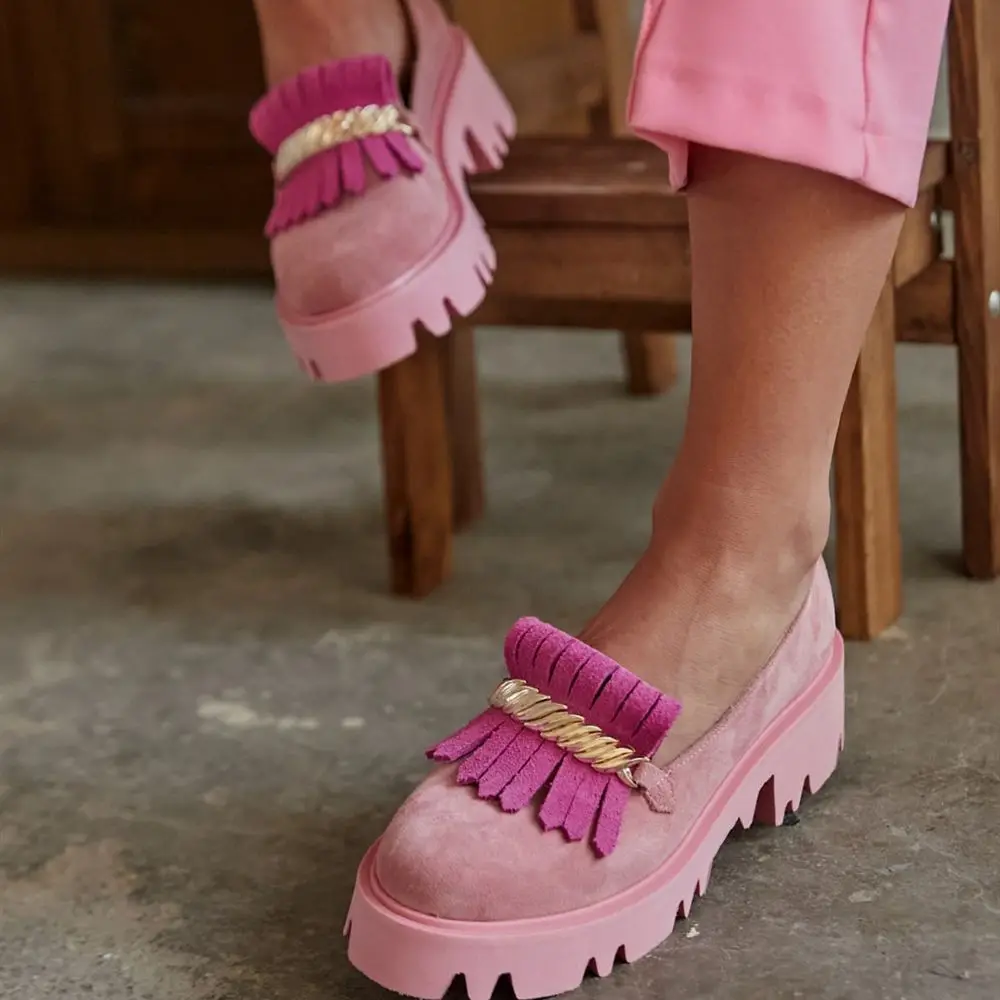 Cloud Inner Exterior Genuine Leather Suede Flat Thick Platform Eva Light Sole Buckle Loafer Poshnmore Pink Sax Blue Orange Fuch