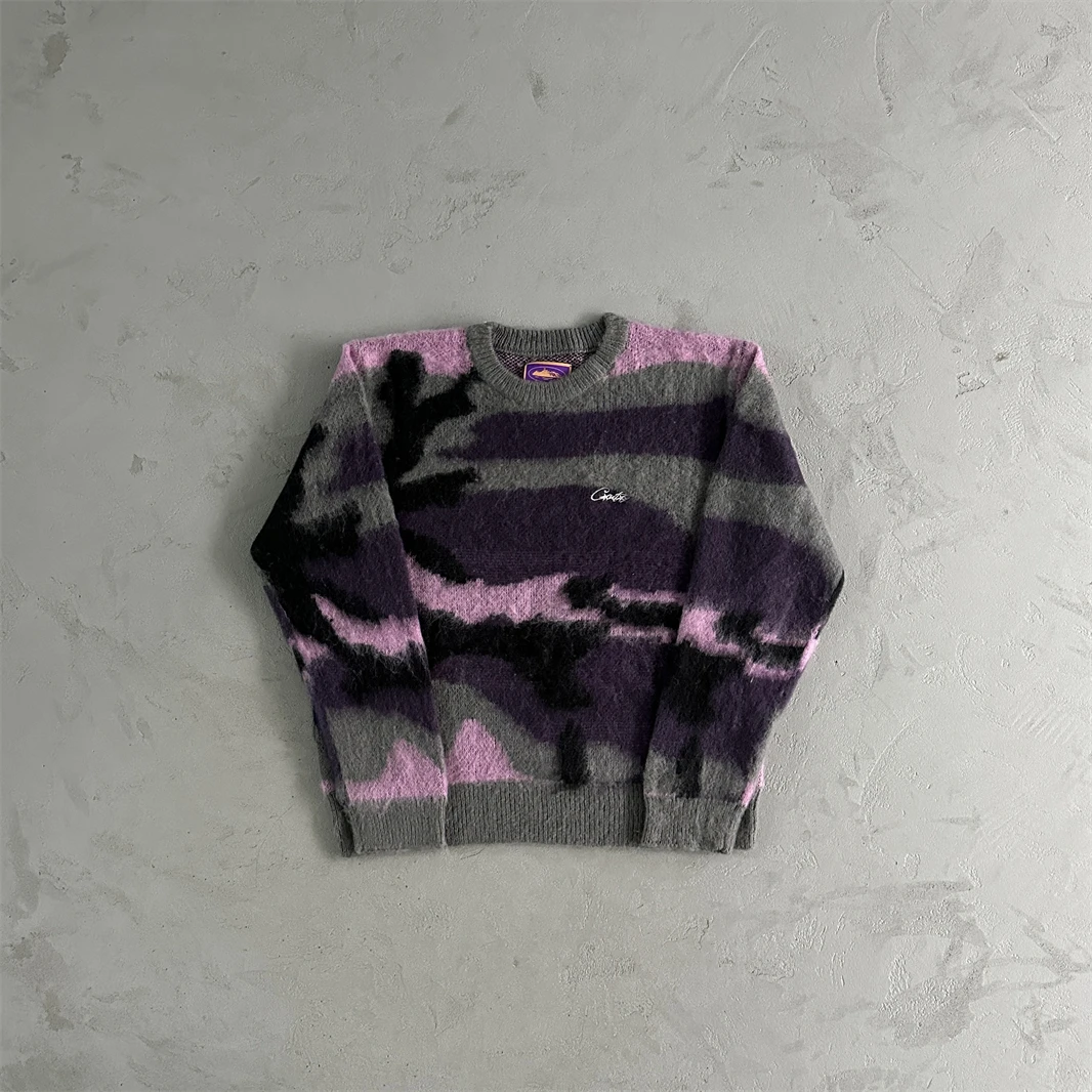 

NEW Corteiz Mohair Purple Camo Knitted Jumper Men's Top Quality Embroidered Sweatshirt Women EU Sizes S-XXL