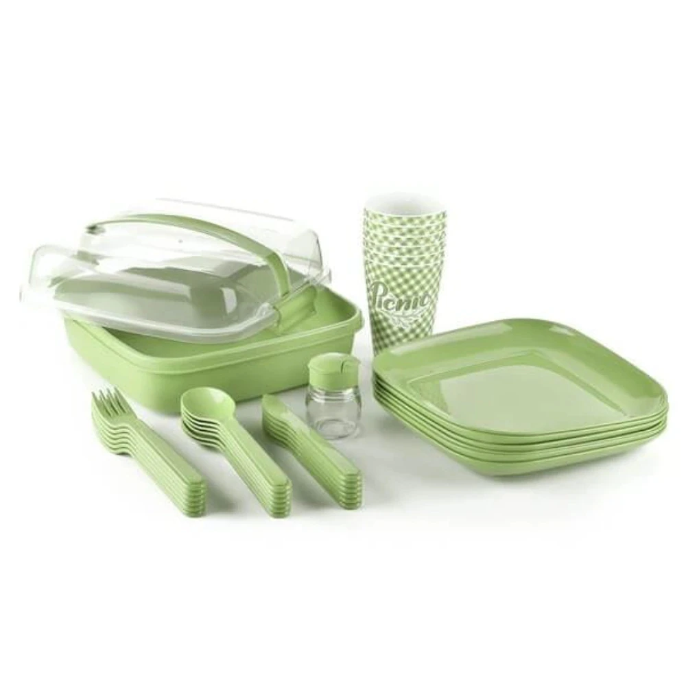 32 Piece Picnic And Camping Practical Dinnerware İn Carrying Case BPA-free Healthy Plastic Washable Plates Cutlery And Glasses