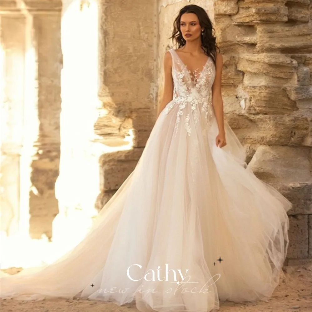 

Cathy Elegant A-Line Bridal Wedding Dress Sexy V-Neck Appliqué Sleeveless Soft Tulle Sweep Bridal Dress Custom Vestidos De Boda