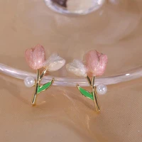 korean sweet pink pearl tulip earrings women temperament heart rose flower drop earrings advanced sense party wedding jewelry