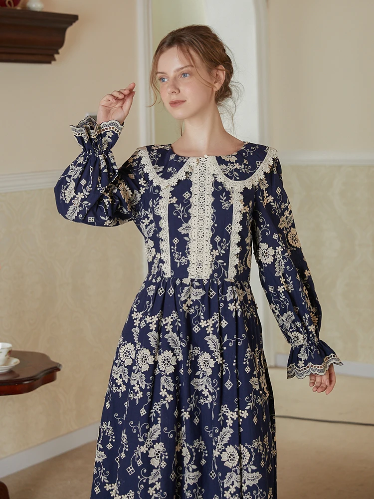 Autumn Winter Original Design Women Mori Girls French Vintage Lace Patchwork Flower Embroidery Navy Blue Cotton Dresses