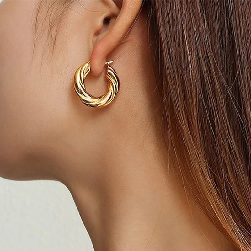 

Twist Stainless Steel Hoop Earrings Women's Vintage Gold Twisted Chunky Ear Hoop Lightweight Thick Circle Dangle Earring Jewelry