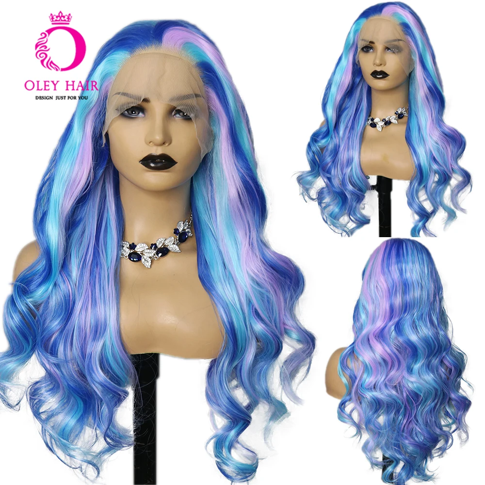 13x4 Lace Front Synthetic Blue Colored  30 Inch Loose Wave Heat Resistant Drag Queen Cosplay Wigs For Black Women Pre Plucked