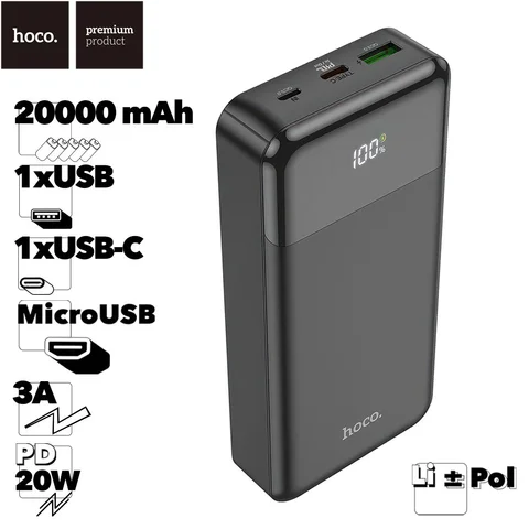 Внешний АКБ HOCO J102A Cool Figure 20000 mAh, 1xUSB, 1xUSB-C, 3А, QC 3.0, PD20W, LED дисплей, Li-Pol (черный)