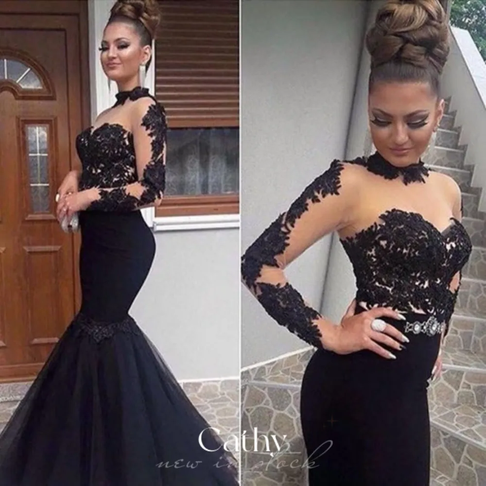

Cathy فساتين السهرة Luxury Lace Embroidery Mermaid Evening Dresses Gorgeous High-neck Vestidos De Noche Long Sleeves Prom Dress