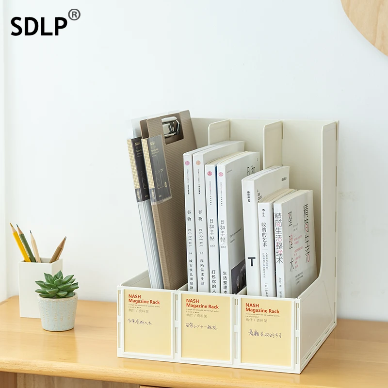 SDLP Document File Rack 3 Grids Book Storage Box Large Capacity With Sticker Label Portable Desktop Bookshelf Office Supplies