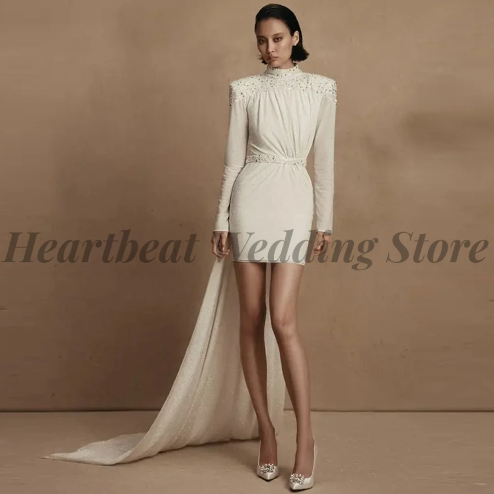 

Modern Mini Length Wedding Dress 2023 Ladies Sheath Long Sleeve High Neck Detachable Train Sequins Beads Pearls Robe De Mariee