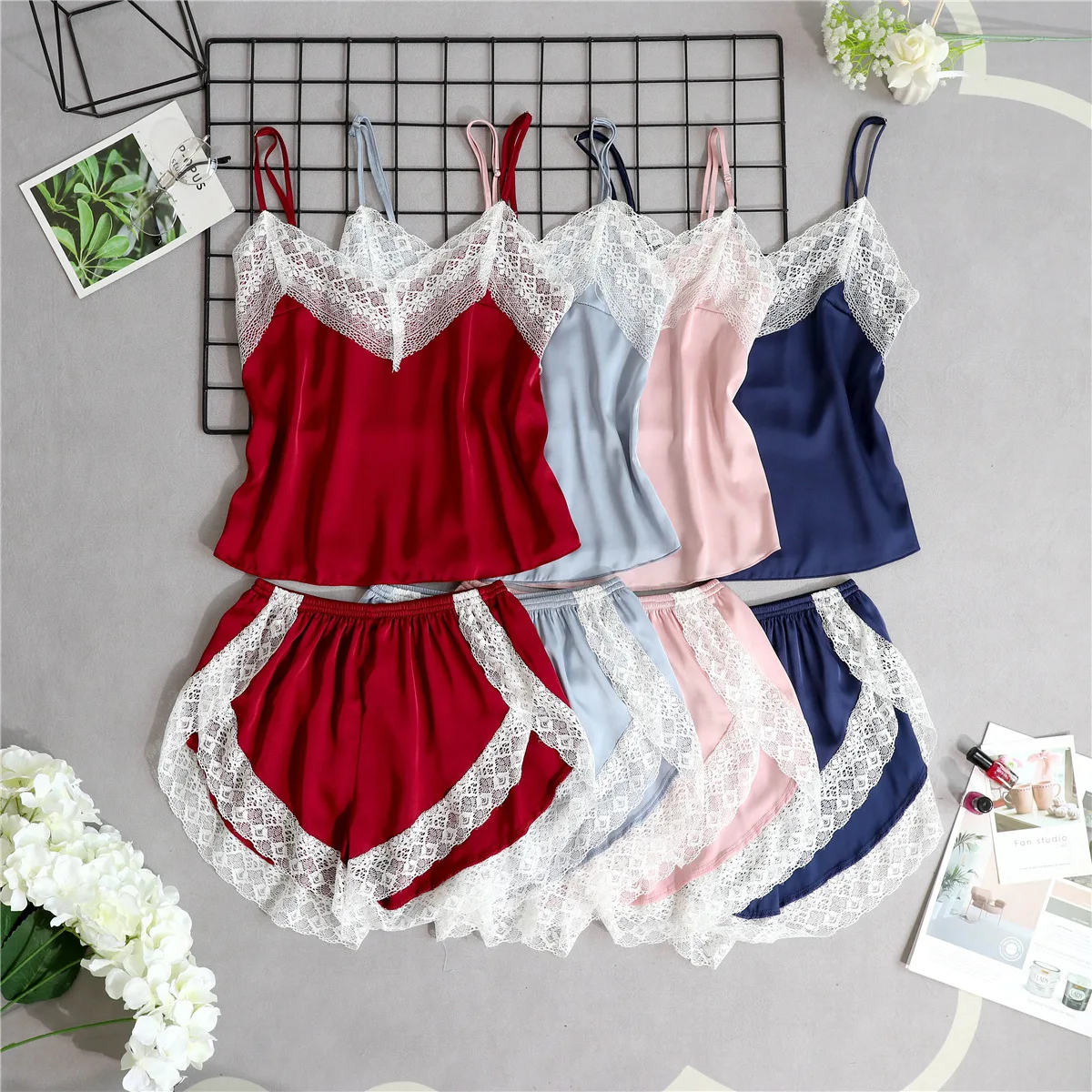 

Sexy Sexy Pajama Lace Shorts Sweater String Satin Robe Set