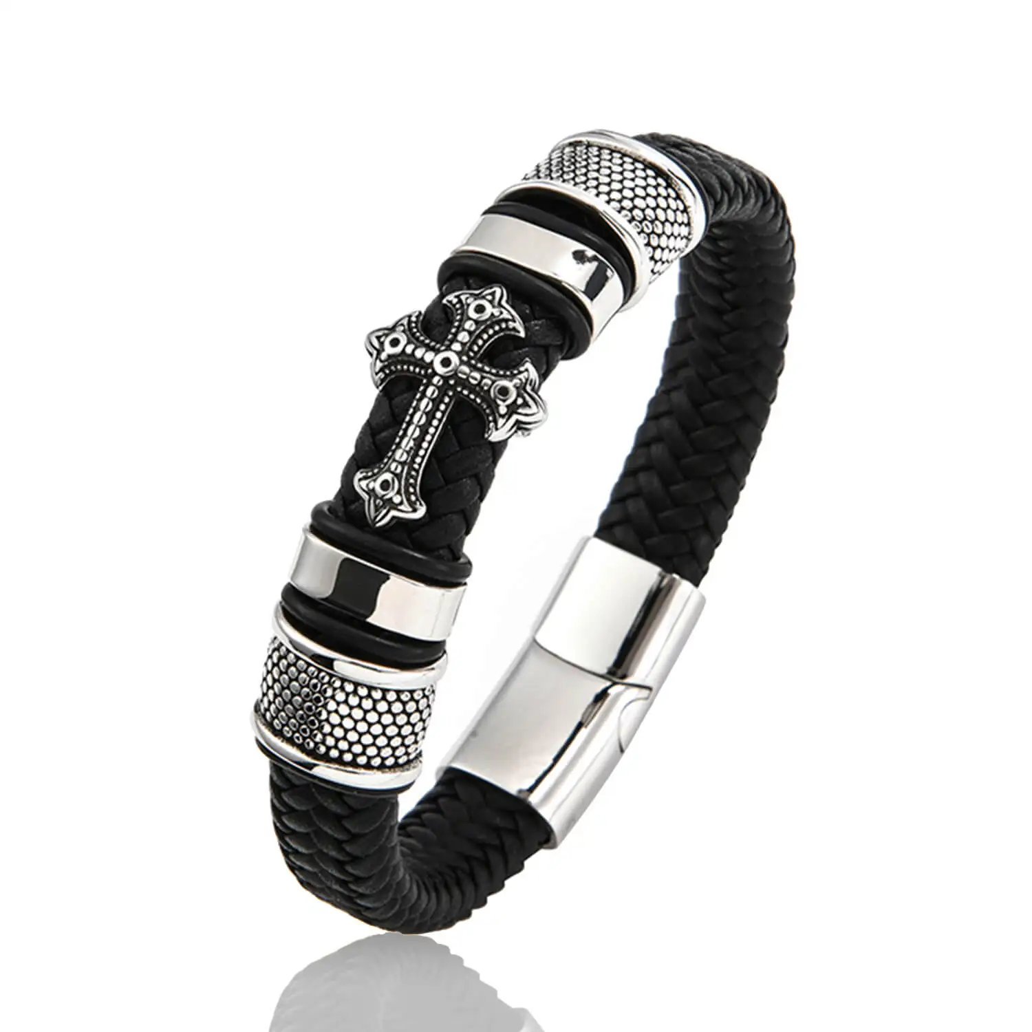 

YJRPA New Titanium Cross Leather Braided Bracelet Magnetic Buckle Men's Leather Bracelet