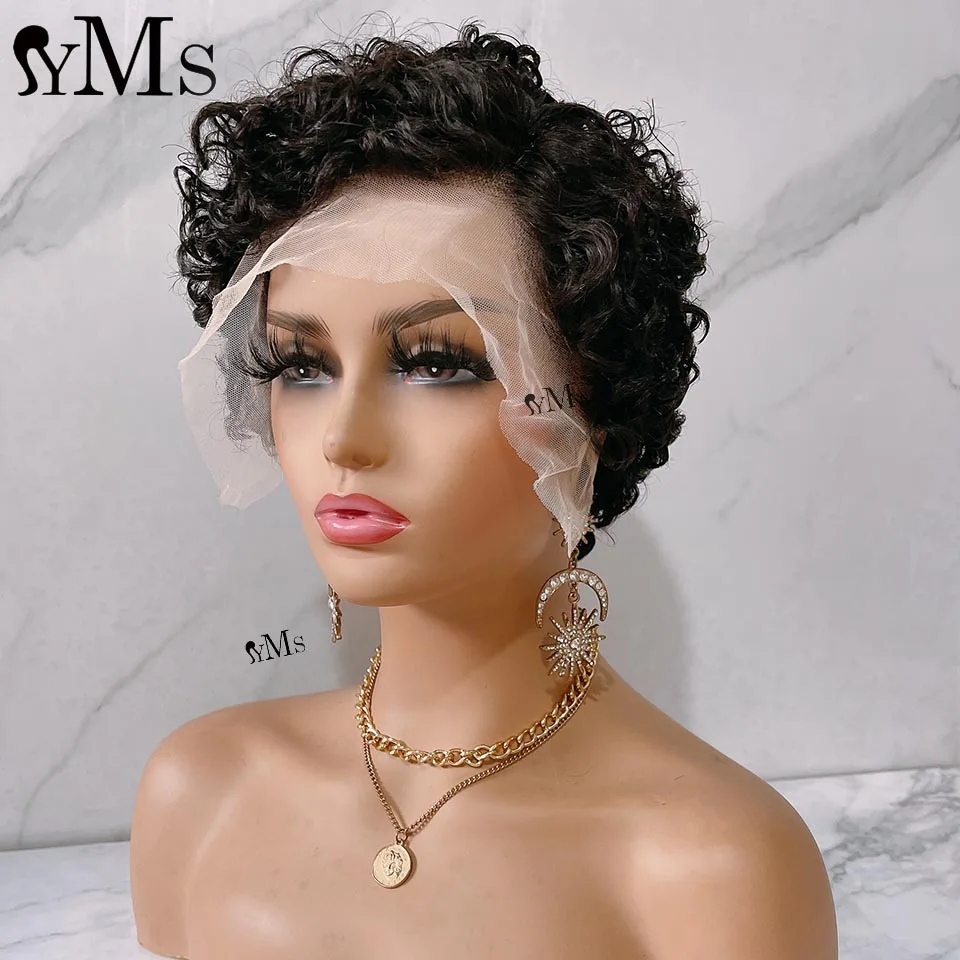 

Fluffy Pixie Cut Short Curly Human Hair Wigs YMS HD Transparent 13*4 Lace Frontal Wig For Women Bob Wig Prepluck 150% Density