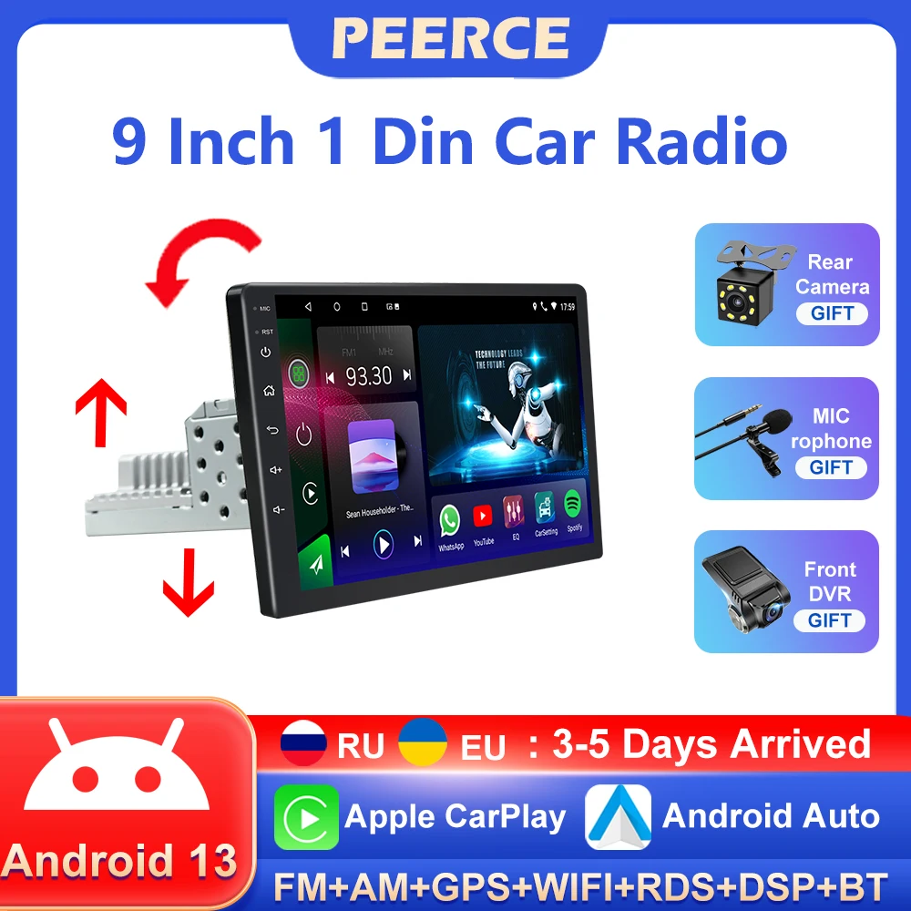 Android 13 Car Radio 9 Inch 1 Din CarPlay For Universal Car With Gps Screen Adjustable Car Stereo Radio Navigation Player No dvd