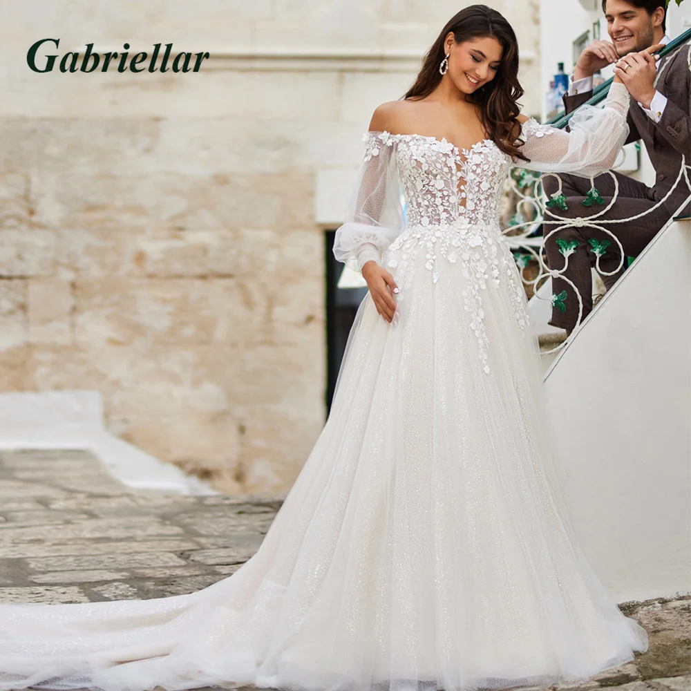 

Gabriellar Wedding Dresses 2023 Glitter Tulle Lantern Sleeves Floral Appliques Backless A-line For Women Vestido De Casamento