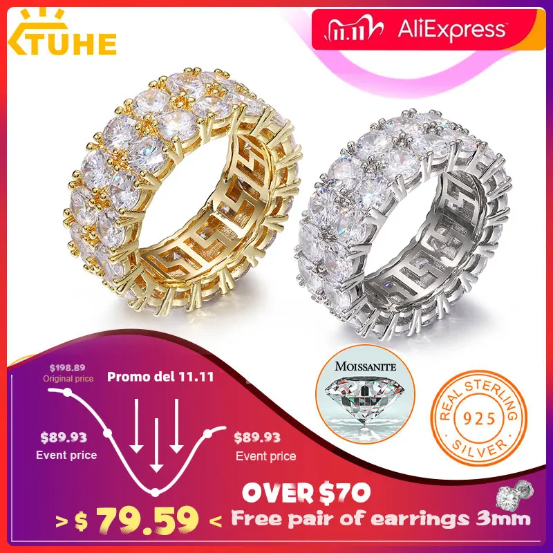 

Top Quality 2 Rows 5mm 0.5ct Moissanite Rings Men Hip Hop Jewelry 100% Sterling Silver 925 Bling Gold Plated 18K Ring Gift