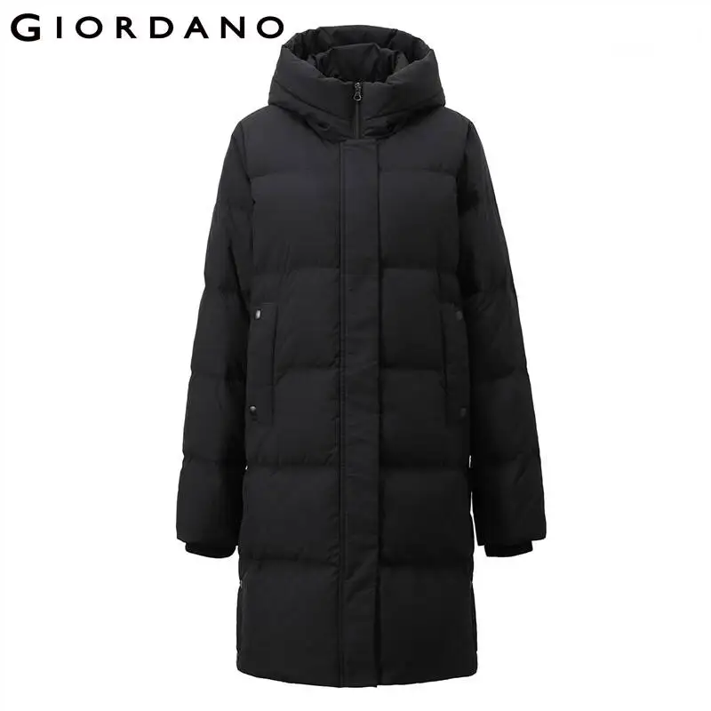 Giordano Women Down Jacket Mid Long Sidevent Hooded Duck Down Jacket Waterproof Multi Pocket Casual Jackets 05372671