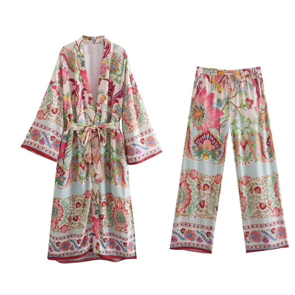 PB&ZA 2022 Summer New Women's Clothing Belted Printed Kimono Coat High Waist Wide Leg Trousers Two-piece Set 7864029
