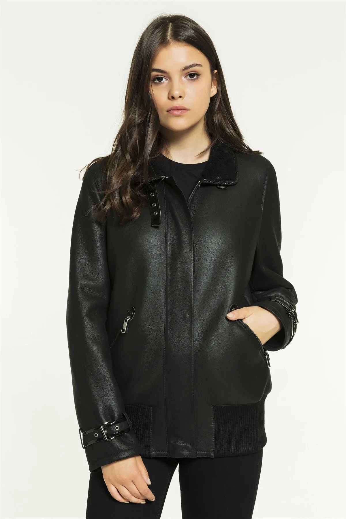 Women's College Black Shearling Leather Jacket Genuine Lambskin Biker Coat New Year Fashion Casual Wear Winter Coat Casual Wear