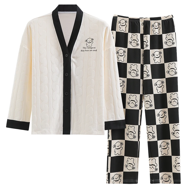 

Plus Size Women's Pajamas Set Warm Homewear Nighty PJ Suit Cartoon Print Contrast Piping Button Front Long Sleeve and Pants