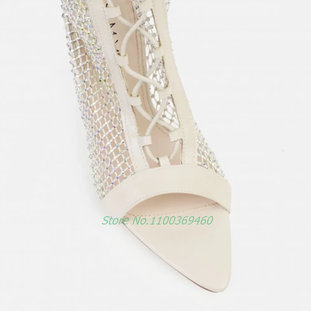 Diamante Mesh Lace Up Sandals Boots Crystal Bling Cross Strap Pointed Toe Thigh High Heels Sexy Hollow Solid Women Shoes 2022