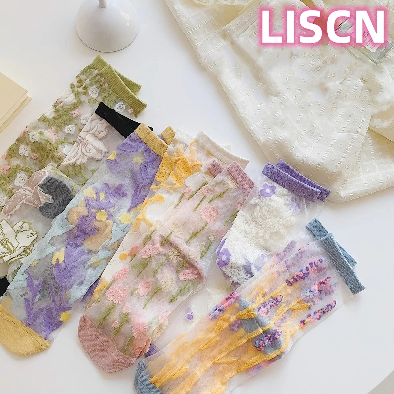 LISCN 2023 New Women Socks Spring Floral Colorful Thin Breathable Stocking For Girls Eledant French Accessories Crew Socks