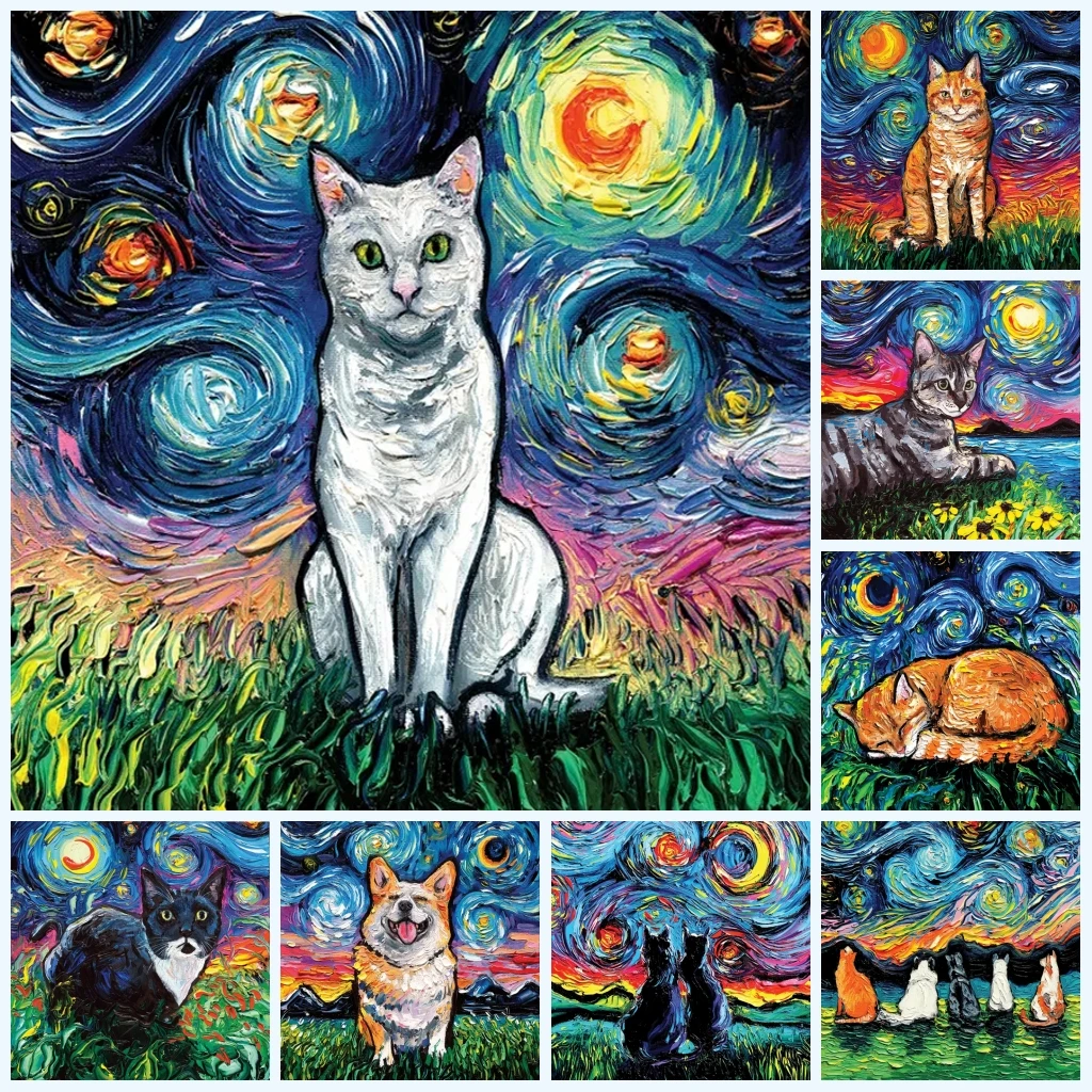 

Modern Seated Cats Dogs Canvas Paintings Beautiful Starry Sky Art Print Wall Picture For Home And Living Room Decor Frameless