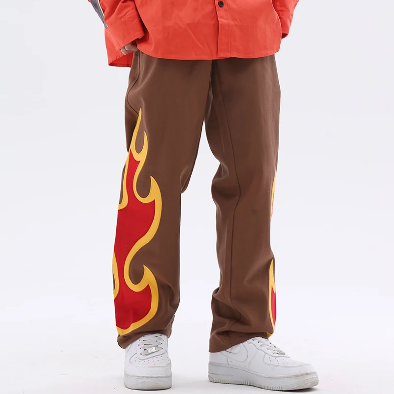 Harajuku Flame Embroidery Straight Casual Mens Cargos Streetwear Retro Pockets Patchwork Loose Trousers Jeans Pants For Boys