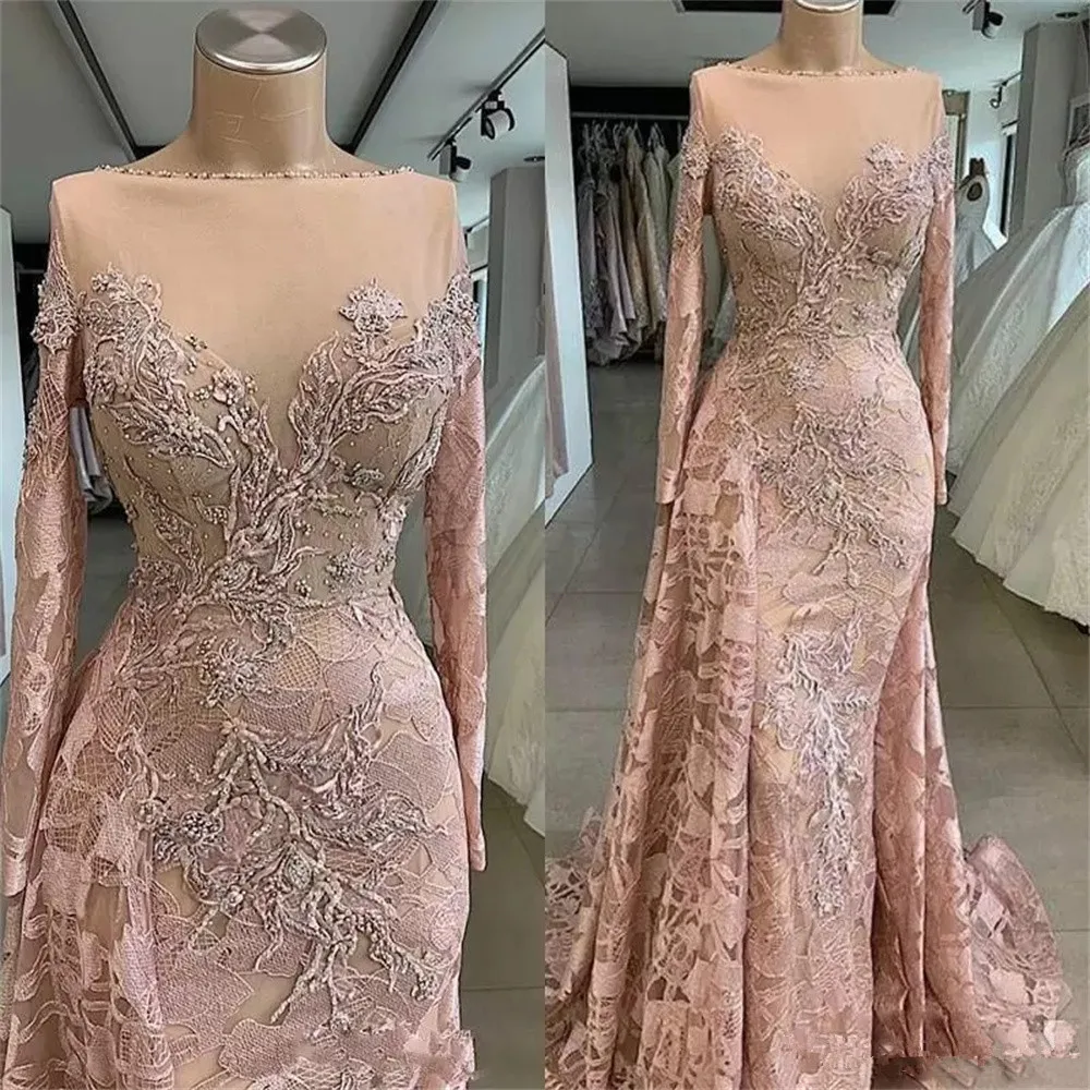 

2022 New Mermaid Evening Dresses Bateau Long Sleeve Applique Beaded Lace Prom Sweep Train فساتين السهرة Vestidos De Fiesta Pink