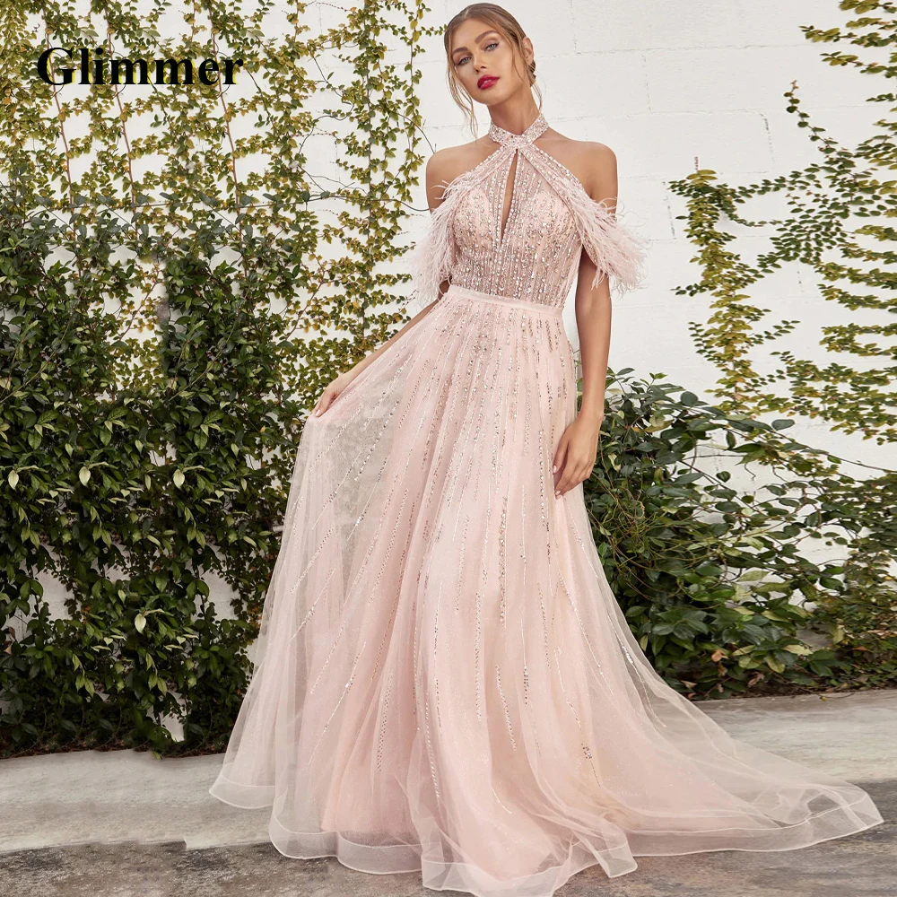 

Glimmer Pastrol Evening Dress Feather Halter Formal Prom Gowns Customizable Colors Abendkleider Vestidos De Gala For Women 2023