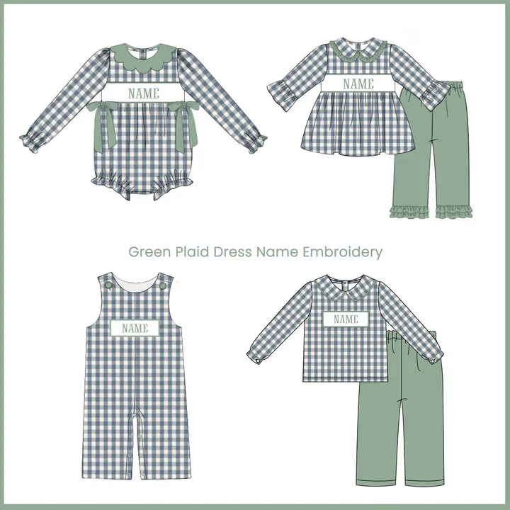 

Baby Girl And Baby Boy New Cotton Customizable Name Styles Presale Models Green Lattice Romper Sets Clothes With Bow Ropa