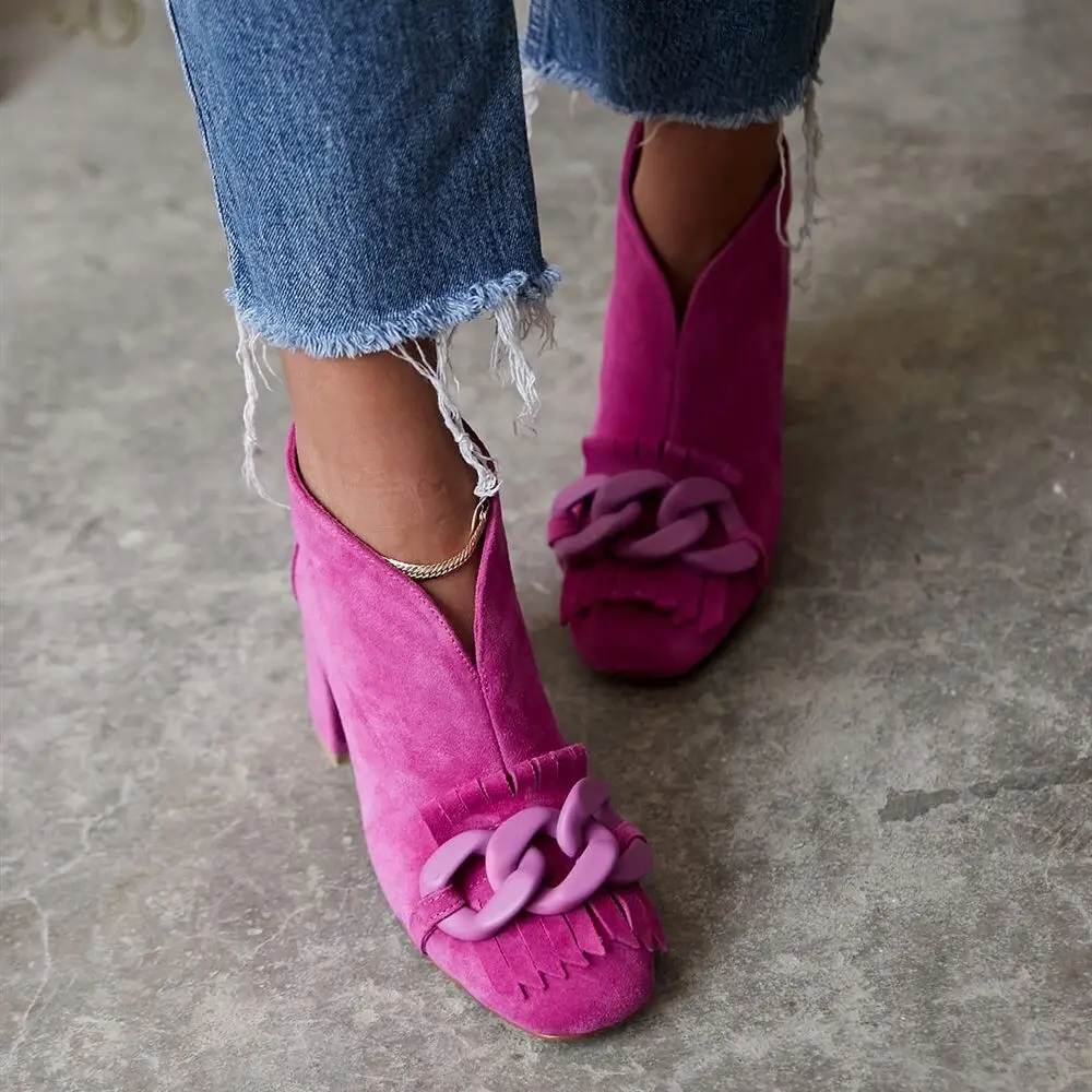 

Faby Inner Warm Lining Exterior Genuine Leather Suede Chain Detailed Heels Women's Shoes Poshnmore Fuchsia Beige Black Honey Win
