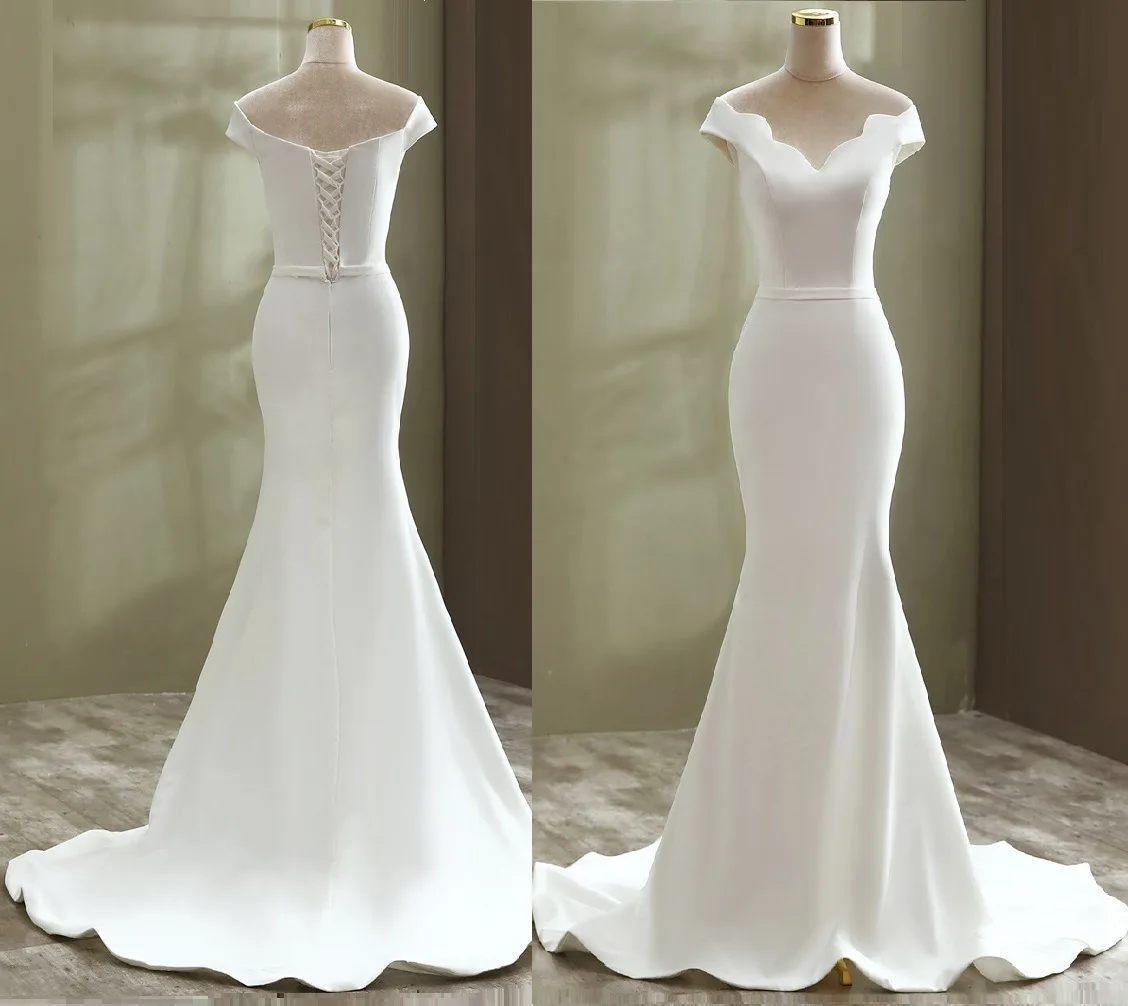 

Cheap Simple A Line Satin Mermaid Wedding Dresses Sexy Off Shoudler Bride Dress V Neck Vintage Bridal Party Gown