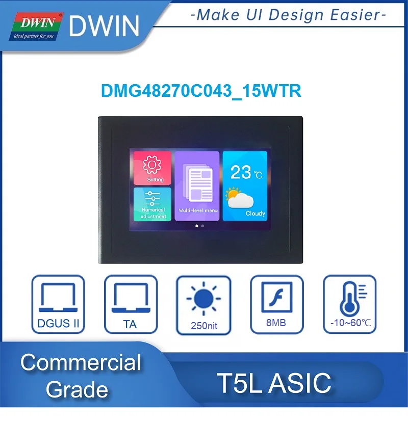 

Dwin 4.3-inch LCM TFT LCD 480*272 Commercial Grade HMI Display 262K Colors RGB Interface TV-TN-TFT-LCD Resistive Touch Screen