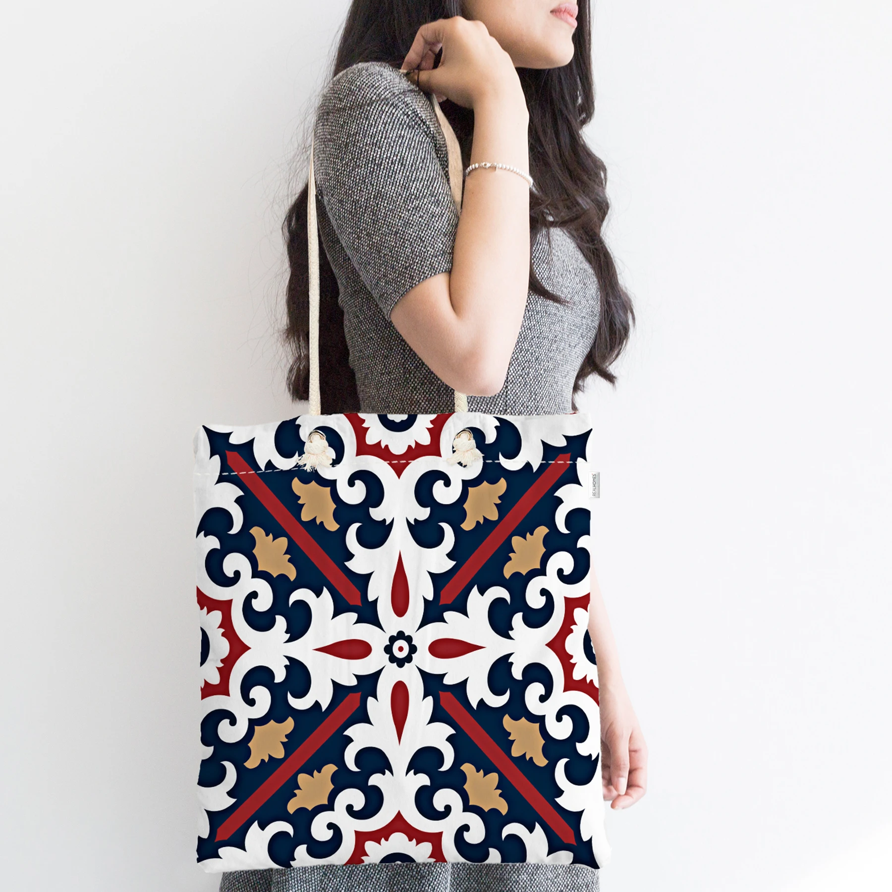 

Navy Blue Claret Red Damask Patterned Modern Zippered Fabric Beach Bag, Personalized Beach Bag, Women Shopping Bag Shoulder Rope