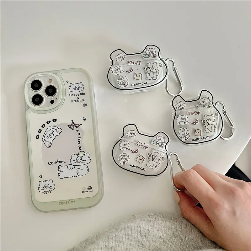 

Cute cartoon cat life clear silicone case for airpods 3 Pro 1 2 For iphone 13 12 11Pro Max x xr xs phone case +airpods case